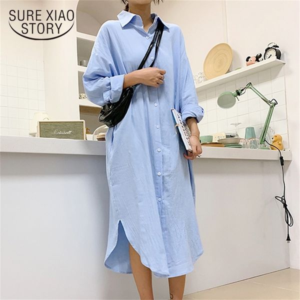 Summer Cotton Women Blouses New Linen Cottons Casual White-Blue Women Long Section Shirts Plus Siize Ladies Tops LJ200810