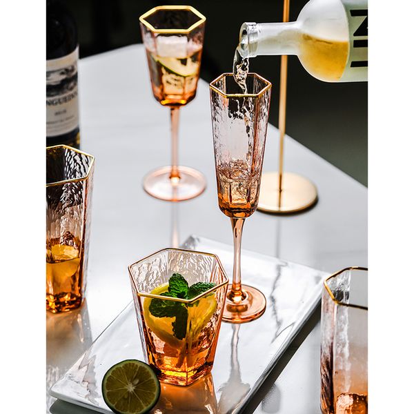 Nordic High-grade hexagonal Hammer stripe gold-rimmed wine glass Crystal Glass Champagne Cup Household Whisky glass Water Cup LJ200821
