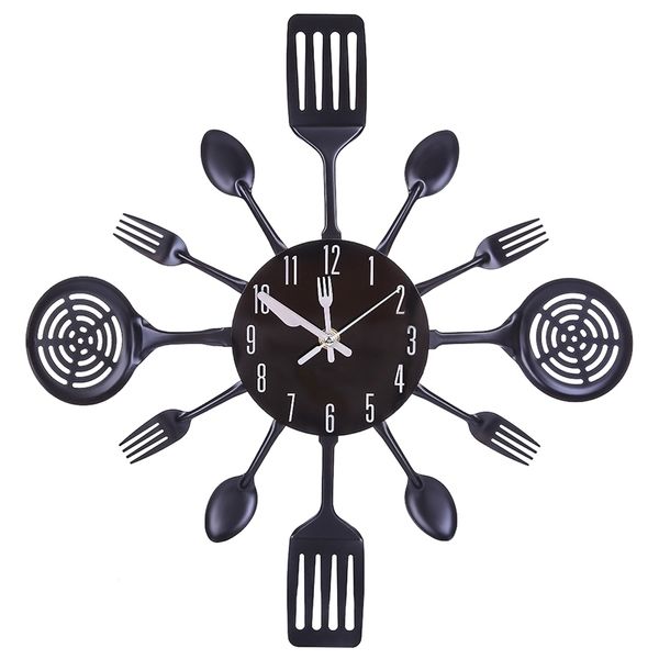 41.5cm Creative Metal Cutlery Kitchen Utensil Wall Clock Spoon Fork Clock Home Kitchen Office Decor Gift - Black LJ201211