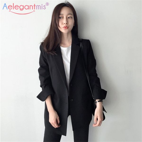 Aelegantmis Elegant Long Sleeve Slim Blazer Jacket Women Casual Black Outwear Spring Autumn Lady Office Suit Blazer Plus Size 201114