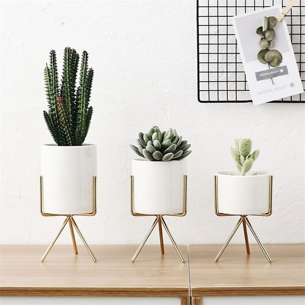 3pcs-set Nordic Style Ceramic Flower Planters with Iron Shelf Succulent Plant Pot Home Decorative Flower Vase gold without Hole LJ201209