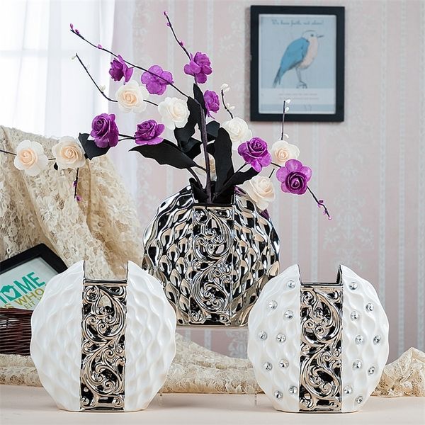 Modern simplicity Ceramic Vase Hand Inlaid Drill plating White-silver Arrangement Flower Art Vases wedding home decoration LJ201209