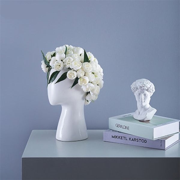 Nordic Style Creative Human Head Model Ceramic Vase Round Hole Flower Arrangement Home Living Room Decoration Flower Vase A440 LJ201208