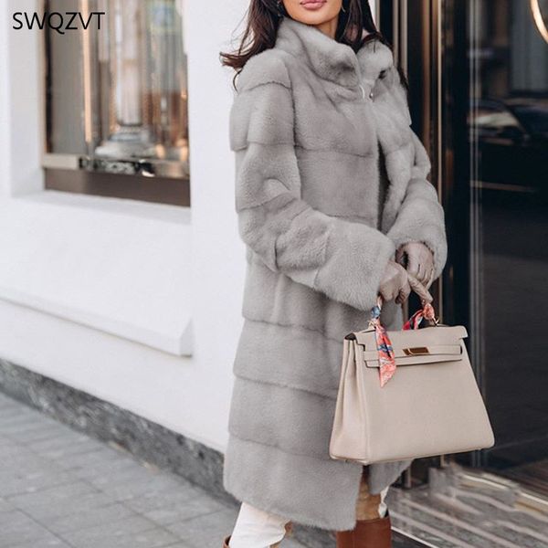 SWQZVT Warm Solid Color Women Parkas Fashion Long-Sleeved Stand Collar Fur Stitching Long Ladies Coat Winter Jacket 201027