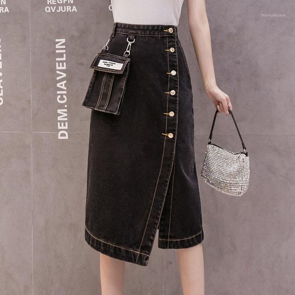 Skirts 2021 Streetwear Black Denim Skirt All-match Fashion Irregular Single Breasted Jean Mid For Women Autumn Arrival1
