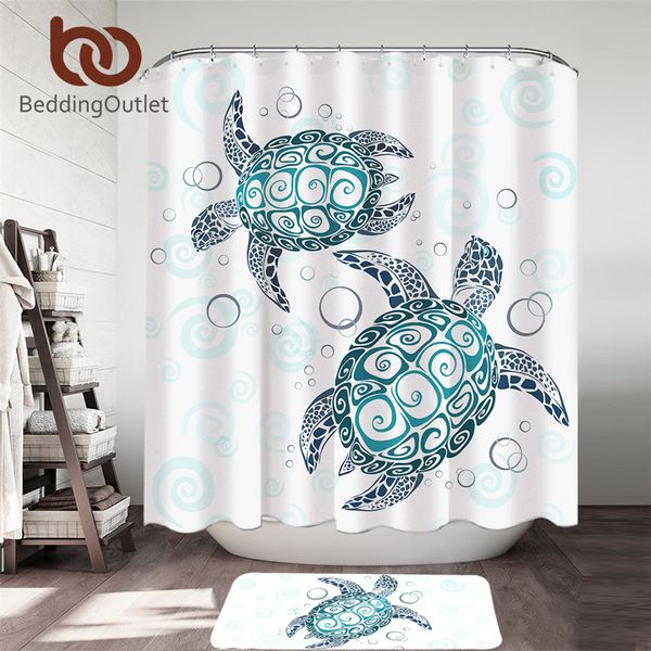 BeddingOutlet Turtles Shower Curtain Set Tortoise Waterproof Bath Curtain With Hooks Cartoon Animal Bathroom Rug rideau douche T200711