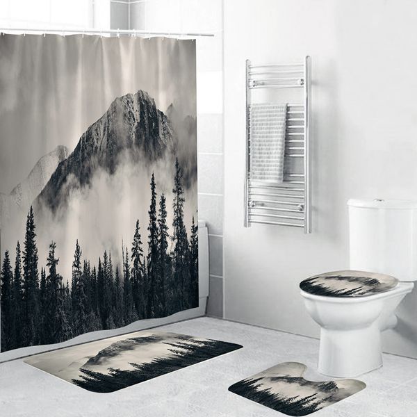 Landscape Bathroom Accessories Sets Waterproof Shower Curtain 4 Pieces Bath Mat Pad Carpet Cover Toilet Cover For Home Decor T200711