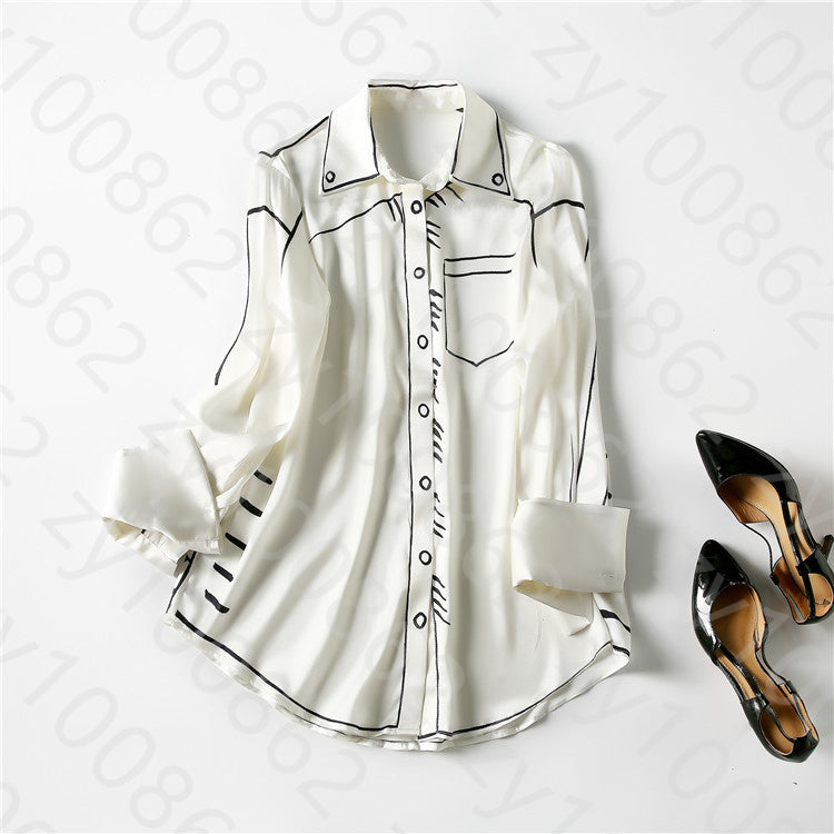 2021 Spring Long Sleeve Lapel Neck Pink - Blue Contrast Color Natural 20MM Silk Single-Breasted Blouse Elegant Loose Shirt Shirts WD28171