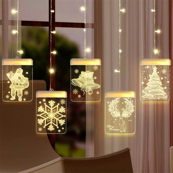 QIFU Elk Snowman Christmas Curtain Light Christmas Decor For Home Navidad Noel Cristmas Ornaments Xmas Gifts Happy New Year 201127