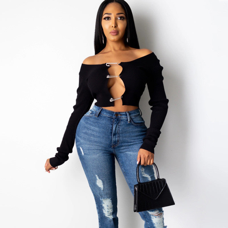 Hollow Out O-neck Top Women Casual White Black Stretch Long Sleeve T Shirt Spring Autumn Slim Ribbed Knitting Tee Clothing Lady VF8C