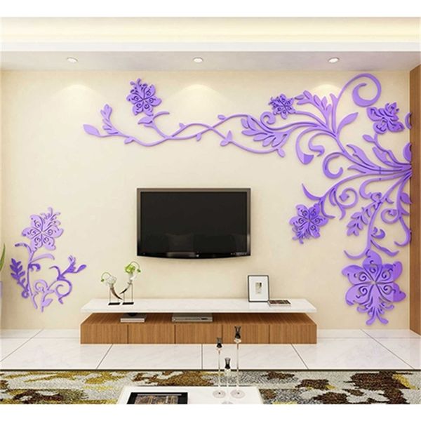 European Style 3D Flower Tree Wall Sticker Living Room Decorative Decals Home Art Decor Poster Solid Acrylic Wallpaper Stickers 201106