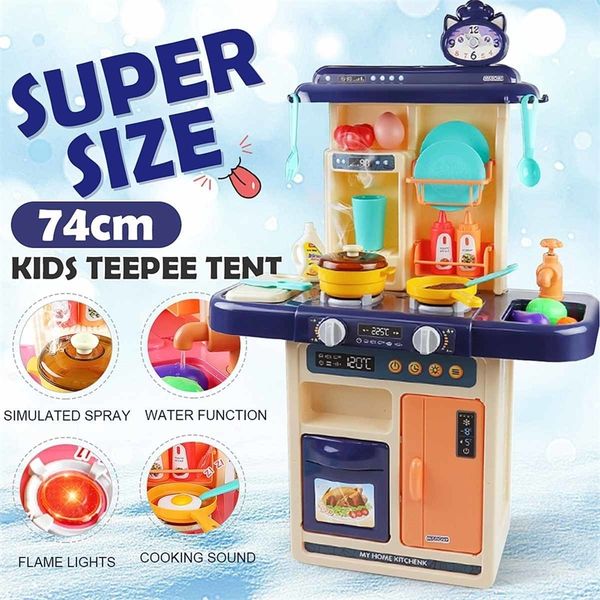 Kids Pretend Play Simulation Kitchen Set Chef Cooking Game Miniature Food Mini Cookware Spray Light Toy Children Gift LJ201009