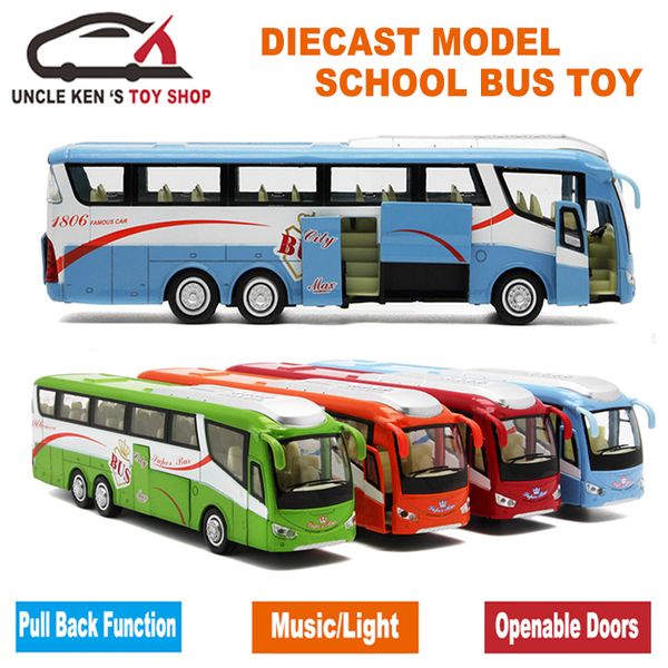 25Cm Length 1 55 Scale Diecast Metal Shuttle Bus Model, Boys Gift Alloy Toys With Openable Doors-Music-Light-Pull Back Function LJ200930
