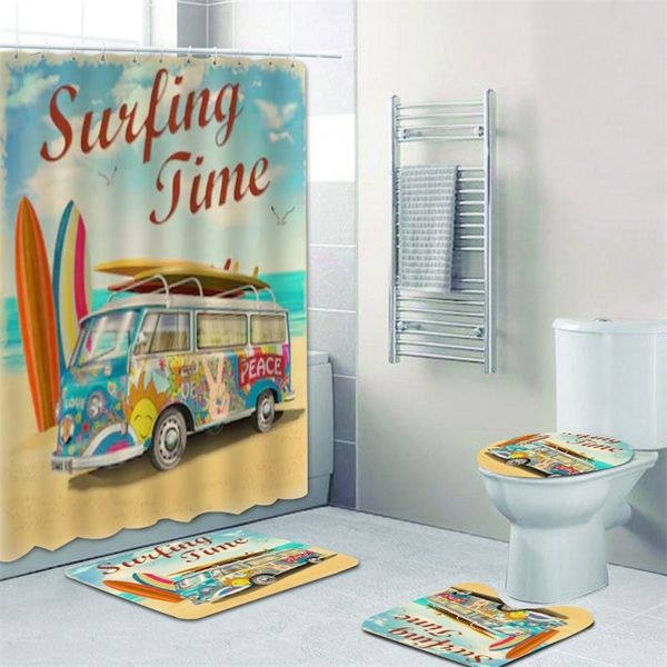 Old Retro Car Camper Van Shower Curtain for Bathroom Classic Surfing Summer Holiday Bath Curtains and Bath Mat Rug Carpet Set 201128