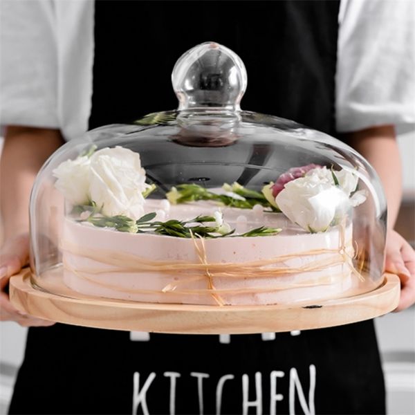 Rotating Cake Plate Wooden Birthday Dessert Display Tray Fruit Dish Household Serving Plate Bakery Making Cake Stand Glass Cover 201217