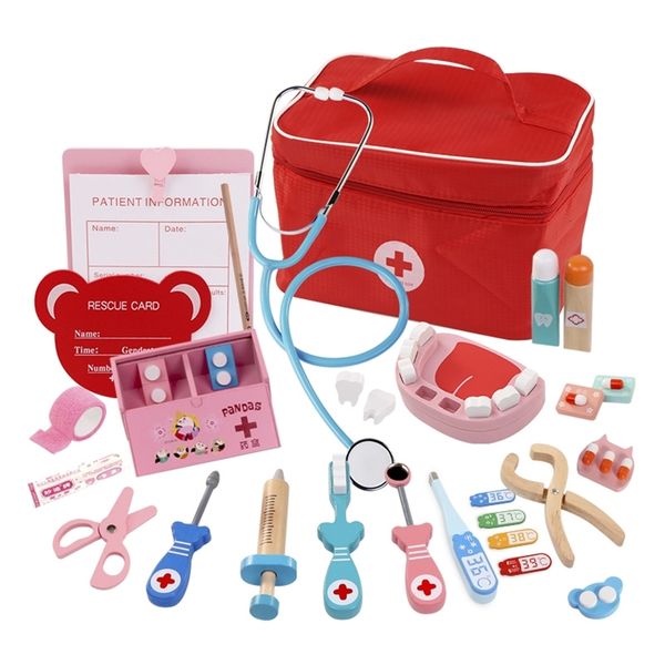 Simulation Play House Toy Pretend Play Wooden Doctor Toy Red Cloth bag Medical Set Dentist Role Playing Toy For Children Kids LJ201012