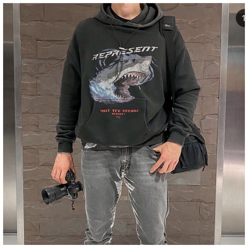 2021 Represent Winter New Shark Print Couple High Street Dark Washed Old Cotton Hoodie for Men and Women Ia4y