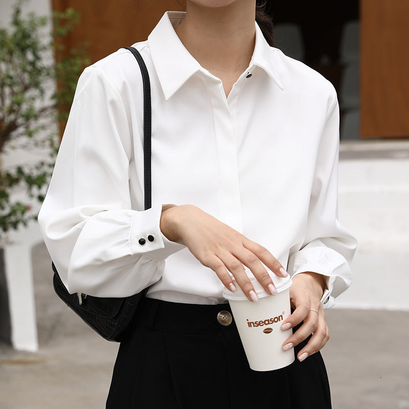 2021 New Women Long Sleeve White Office Blouse Buttons Casual Turn Down Collar Fashion Shirts Bogb