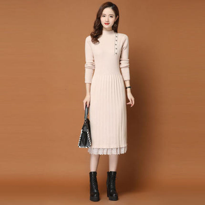 2021 New Slim Clothes Vestidos Female Long Lace Over the Knee Lady Spring and Autumn Knitting Femme Tide Plus Size F6fu