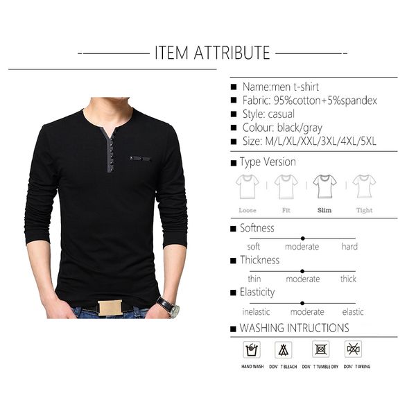 TFETTERS Autumn Casual T Shirt Men Henry Collar Solid Color Slim Fit Long Sleeve T Shirt Cotton Plus Sizes M5XL Topstees 201203