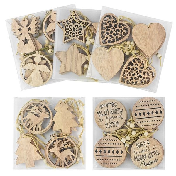 12pcs Creative Hollow Christmas Snowflakes Wooden angel Pendants Ornaments for Xmas Tree Ornament Christmas Decoration Kids Gift Y201020