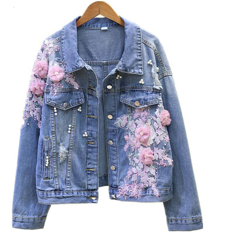 Female Autumn Denim Embroidered Hole Cowboy Short Woman Jacket Long Sleeve, Pearl Jewel Jean Outerwear R508 5no3