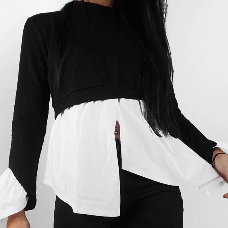 2021 New Autumn Long Flare Sleeve Patchwork Women Winter Casual Fake Two Piece Cotton T-shirt Female Fashion Office Tops Tees 9pjc