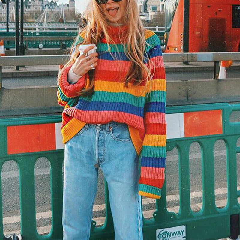 2021 New Autumn Women Long Sleeve Turtleneck Striped Winter Female Knitting Pullover Casual Loose Sweater Knit Tops Jumpers Hadx