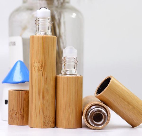 Natural Bamboo Glass Essential Oil Bottle 3ml-5ml-10ml Refillable Empty Essential Oil Perfume Fragrance Scent Steel Roller Ball Bottles SN51