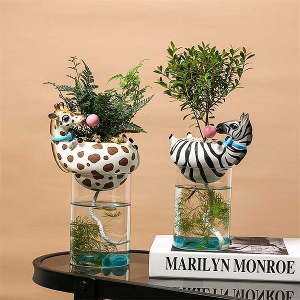 Resin Animal Head Vase with Fish Tank Bubble Natural Cactus Succulent Plants Flower Pots Decoration Zebra Giraffe Creative Craft 211222