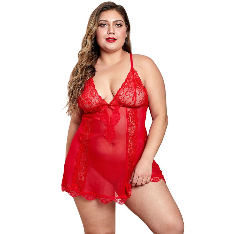 Women&#039;s Plus Size Underwear Sleepwear Woman&#039;s Babydoll Lingerie Dresses + Thong 2 Pieces Sets Ladies Backless Lace Out Sheer Mesh Nightgow