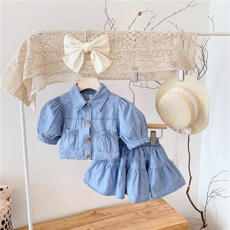 Clothing Sets Kids Baby Girls Summer Puff Sleeve Single-breasted Tops Jacket Thin Cool Denim Skirts Toddler Childre Clothes 2pcs 3-8Y