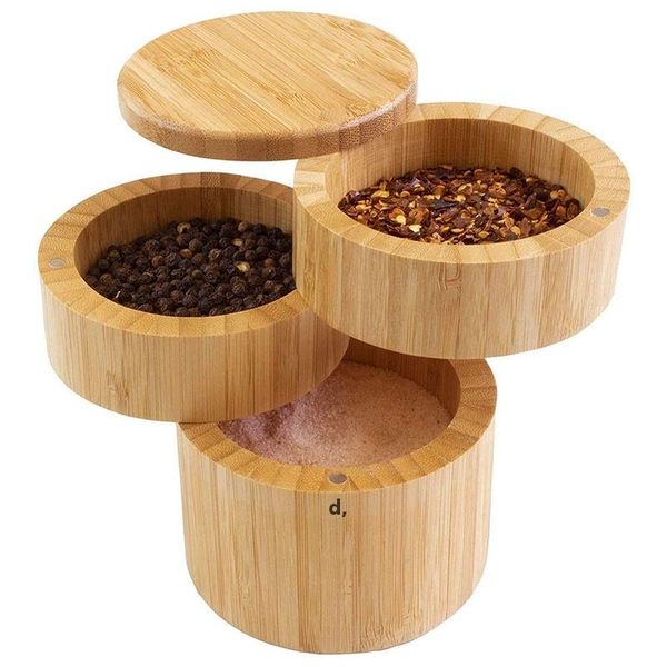 Bamboo Triple Salt Case Round Bamboo Box for Pepper Spice Cellars Storage Container with Swivel Magnetic Lids Kitchen Tools RRB13406