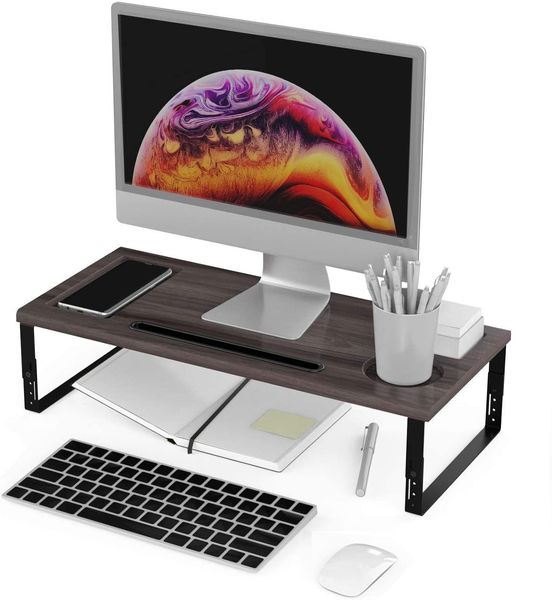 Wood Monitor Stand Riser Organizer with Phone-Tablet Holder & Office Gadget Slots, Height Adjustable Computer Stand for Laptop, Monitor, Gam