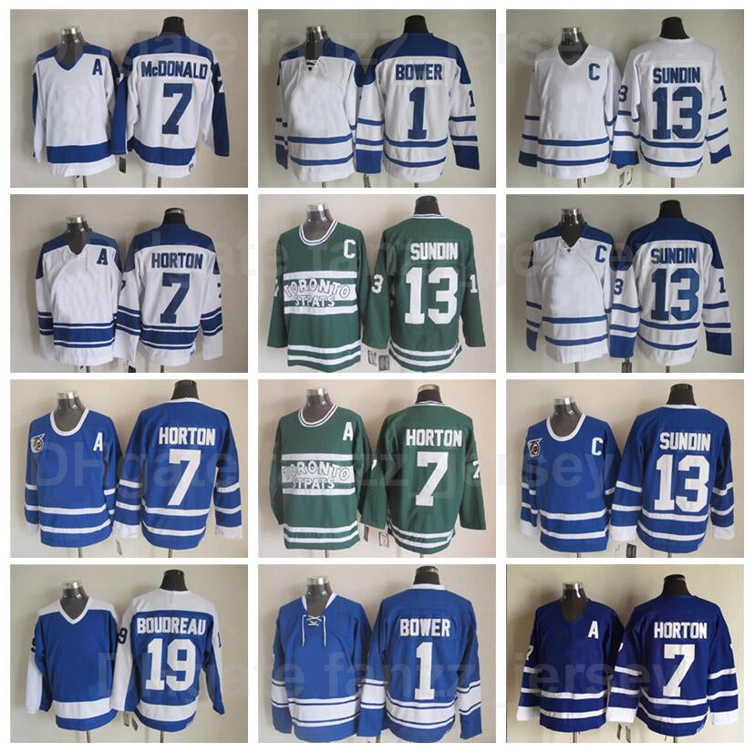 Arenas Ice Hockey 13 Mats Sundin Jersey Vintage Classic Tim Horton 7 Lanny McDonald 19 Bruce Boudreau 1 Johnny Bower Retro Blue White Green Sport St