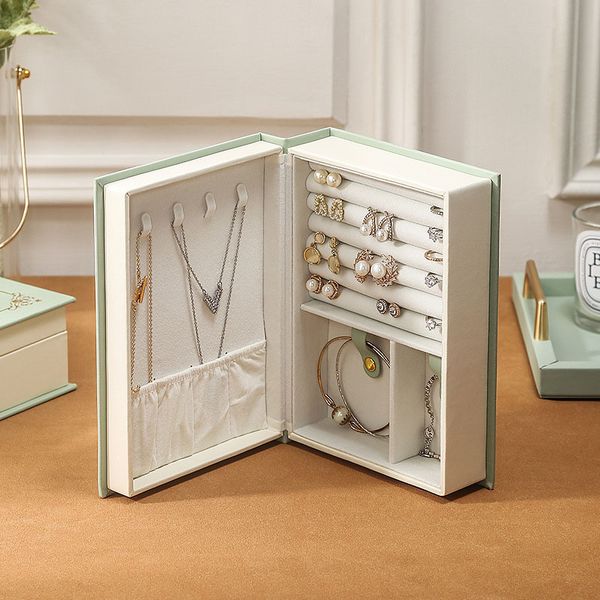 Storage Boxes Bins ZL0383 Portable Book Shape Jewelry Box Jewellery Organizer PU Leather Case Ring Earring Necklace Ear Stud Display Mother&