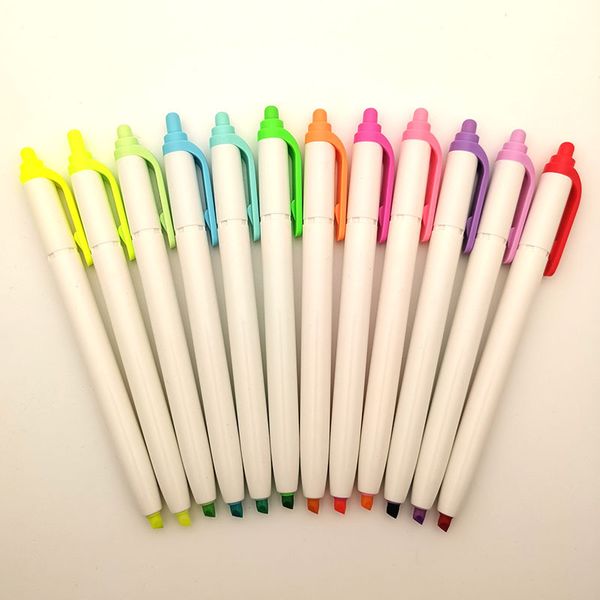 12pcs Set Highlighter Marker Pen Chisel Oblique Round Tip Retractable Highlighers Easy Use In Case Cap Drop Off School Gifts Long Time Fluor