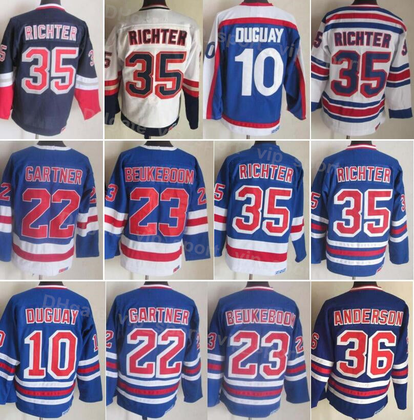 Men Ice Hockey Vintage Retro 10 Ron Duguay Jersey 22 Mike Gartner 23 Jeff Beukeboom 36 Glenn Anderson 35 Mike Richter 75th Anniversary Blue Whte Sti