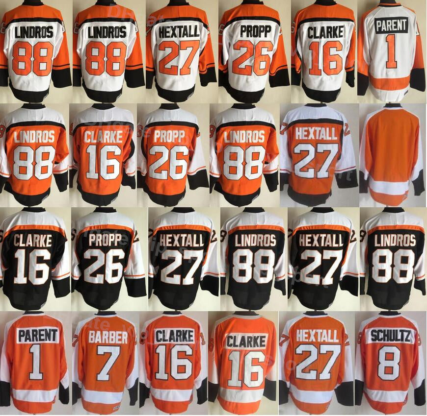 Men Ice Hockey Vintage Retro 26 Brian Propp Jerseys 1 Bernie Parent 7 Bill Barber 8 Dave Schultz 88 Eric Lindros 16 Bobby Clarke 27 Ron Hextall Oran