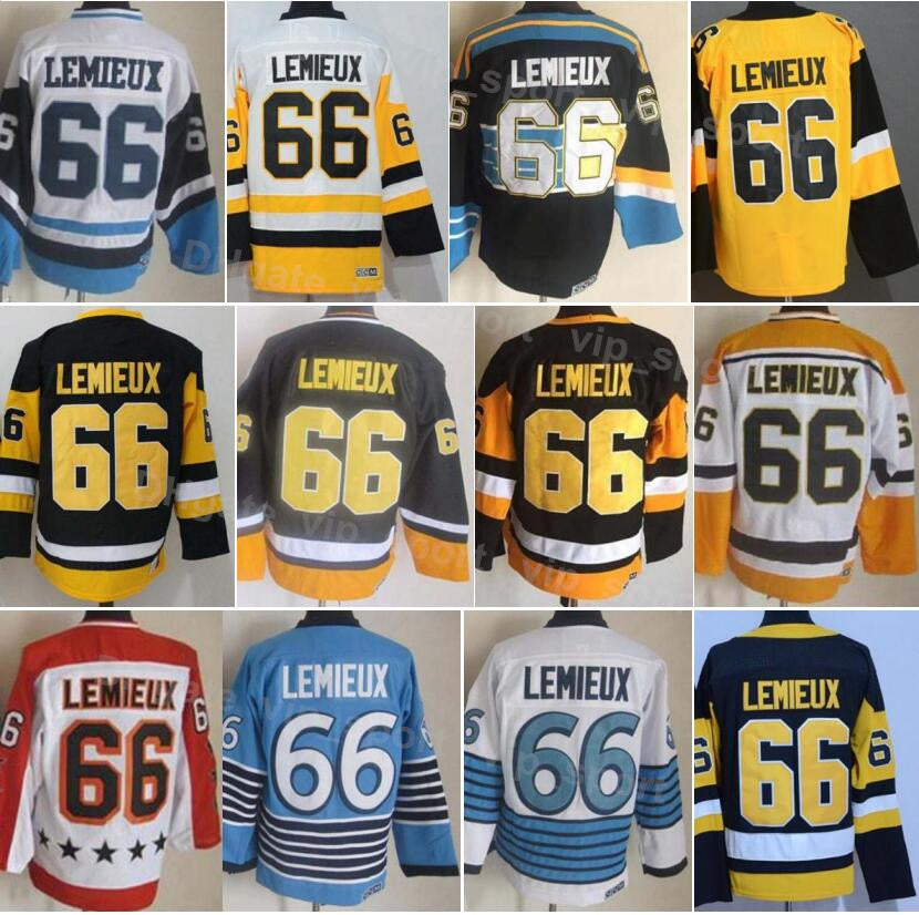 Men Retro Ice Hockey 66 Lemieux Vintage Jerseys Embroidery And Sewing Black White Blue Yellow Red Away Home Breathable For Sport Fans Pure Cotton Hi
