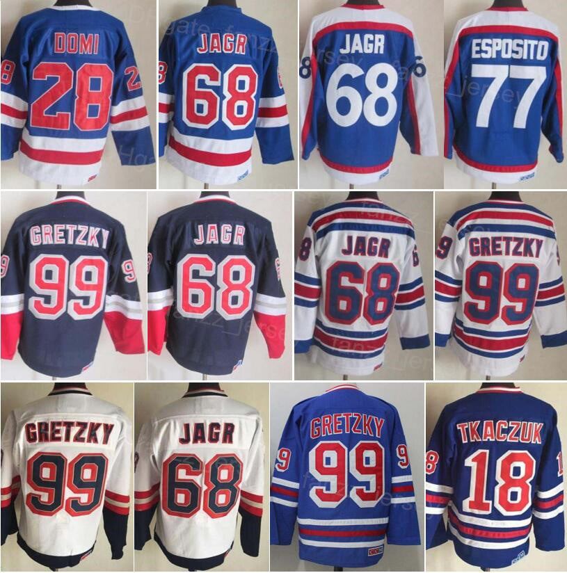 Men Ice Hockey Vintage 99 Wayne Gretzky Retro Jerseys 18 Walt Tkaczuk 68 Jaromir Jagr 77 Phil Esposito 28 Tie Domi Stitched 75th Anniversary Navy Bl