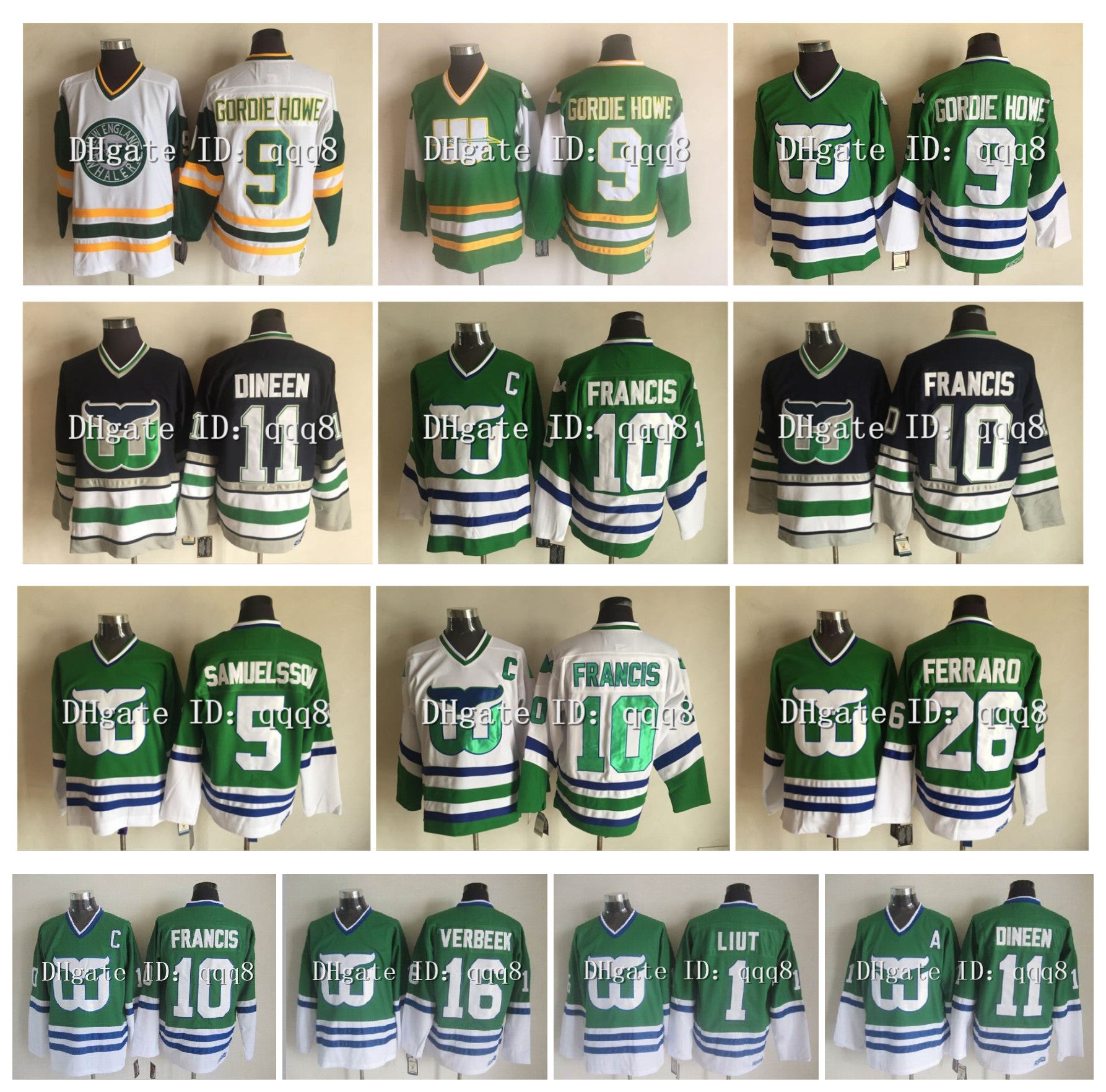 Retro Vintage Hartford Whalers Hockey Jersey 9 Gordie Howe 10 Ron Francis 1 Mike Liut 11 Kevin Dineen 16 Patrick Verbeek 26 Ray Ferraro 5 Ulf Samuel