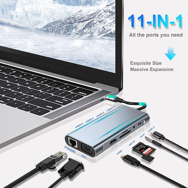 11 In 1 USB HUB Docking Station Adapter with 4K HDMI, VGA, Type C PD, Ethernet RJ45 Port, SD-TF Cards, 3.5 mm AUX, Compatible MacBook Pro-Ai