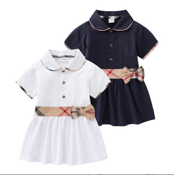 Girls Dresses Summer Baby Girls Princess Dresses With Bowknot Cotton Kids TurnDown Collar Short Sleeve Dress Cute Girl Plaid Skirt Children