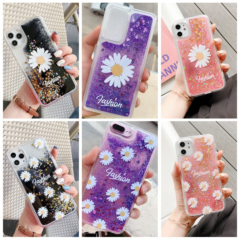 Fashion popular lovely pretty daisy flower glittering flow sequins sand clear cover phone case for iphone 12 11 pro X XS max XR 6 7 8 plus