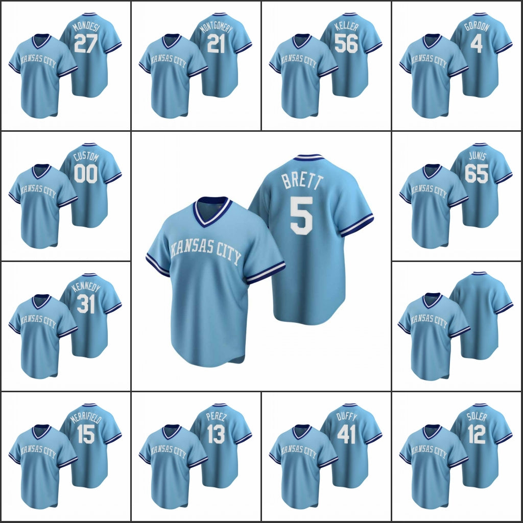 Kansas City&#13;Royals Men #5 George Brett 13 Salvador Perez 41 Danny Duffy Women Youth Custom Cooperstown Collection Road Jersey