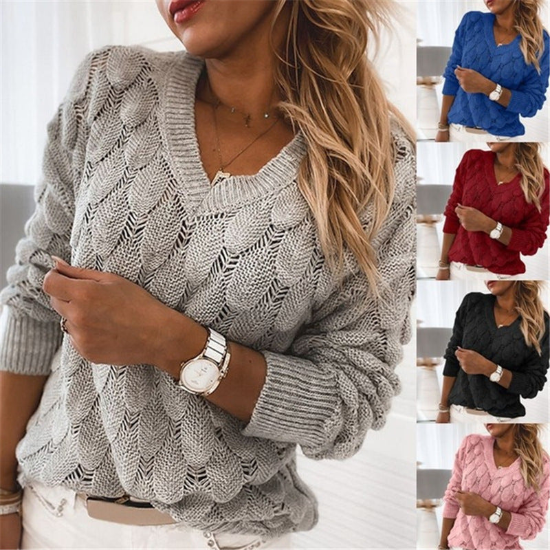 Womens Sweater Fashion Women Knitted Feather Hollowing Sweaters Stylish Female V-Neck Hoodie Women Panelled Sweatershirt Size S-XL