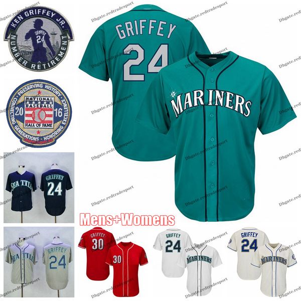 NCAA Mens Vintage 2016 Hall Of Fame 24 Ken Griffey Jr. Teal Baseball Jersey 30 Red Shirts Retired Patch
