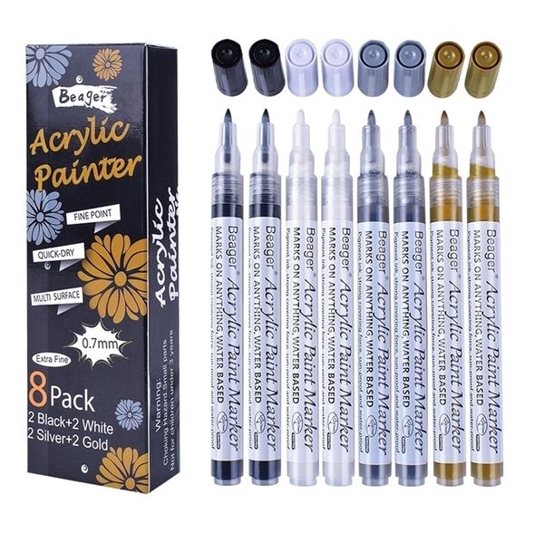 Beager 8 Pcs Set Durable Acrylic Water-based Paint Marker Pens 0.7 mm DIY Black Card Ceramic Craftwork Painting Art Supplies 201226