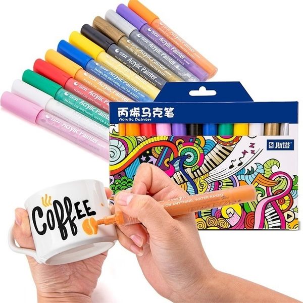 12 24 Colors-Set STA Acrylic Permanent Paint Marker pen for Ceramic Rock Glass Porcelain Mug Wood Fabric Canvas Painting 201211